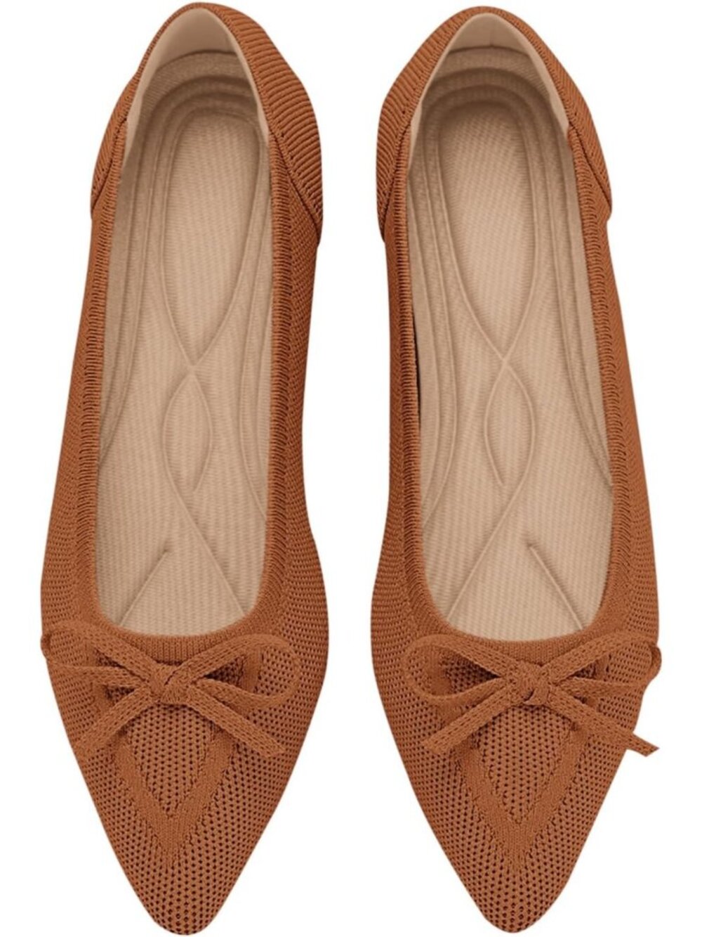 Women's Brown Rubber Knit Pointed Toe Ballet Flats Bow Slip On Comfortable Shoes